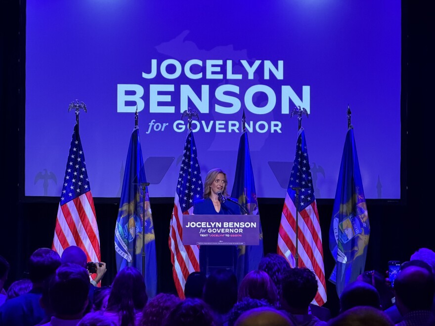 Michigan Secretary of State Jocelyn Benson celebrates her victory in the Democratic gubernatorial primary on August 4, 2026.