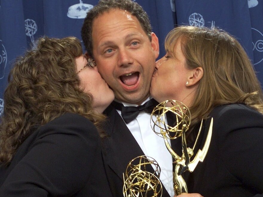 Rob Burnett celebrates with Barbara Gaines (left) and Maria Pope (right) after winning an Emmy Award for his work on the <em>Late Show with David Letterman</em> in 2000.