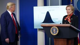 President Trump listens as coronavirus response coordinator Deborah Birx speaks during a briefing at the White House.