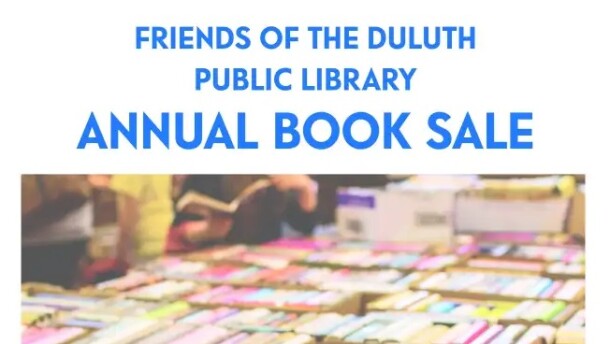Photo of boxes of books under blue text reading "Friends of the Duluth Public Library Annual Book Sale"
