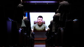 Ukrainian President Volodymyr Zelenskyy delivers a virtual address to Congress at the U.S. Capitol in Washington, DC. 