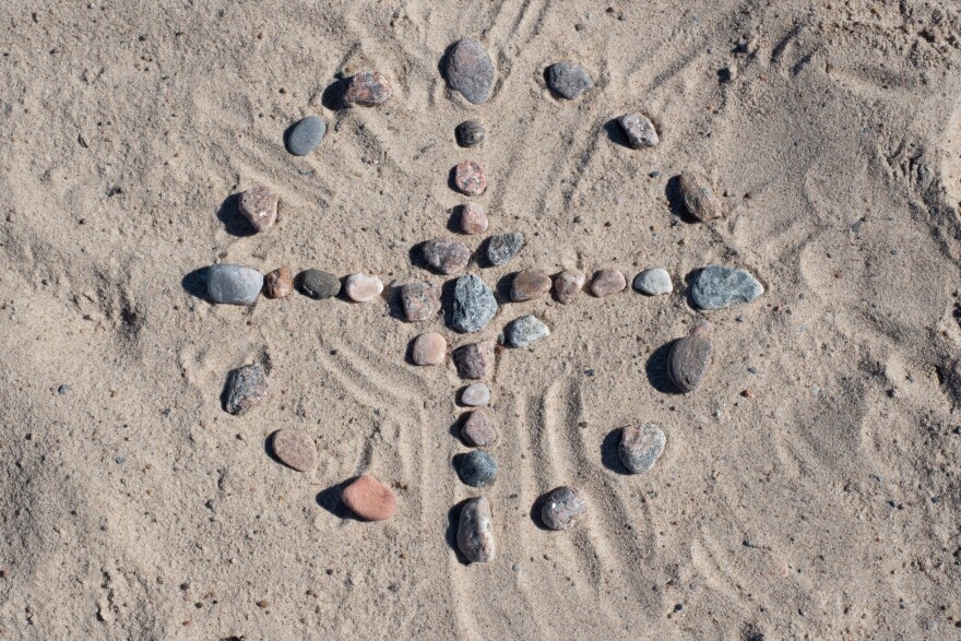 Native American circle stone pattern with spokes to cardinal directions. Spiritual concept.