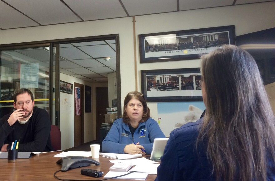 Rep. Zach Fansler of Bethel and Rep. Tammie Wilson of North Pole listen to public testimony on the state of the Office of Children Services at the Bethel Legislative Information Office on February 11, 2017.