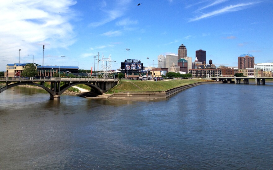 The Raccoon and Des Moines rivers meet in downtown Des Moines, Iowa.