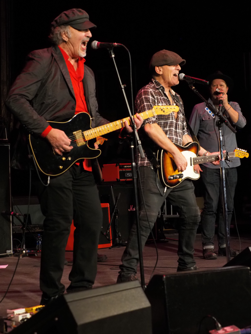 Pittsburgh-based guitarist, singer and songwriter Joe Grushecky (left) rocks out with his buddy Bruce Springsteen during a Light of Day Foundation concert