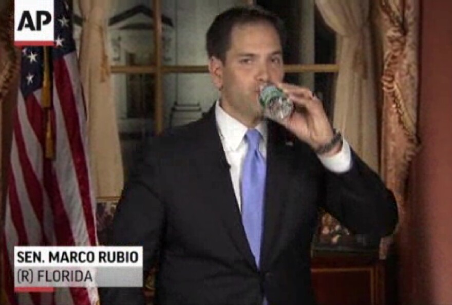 FILE - In this file frame grab from video, Florida Sen. Marco Rubio takes a sip of water during his Republican response to President Barack Obama's State of the Union address, Tuesday, Feb. 12, 2013, in Washington. (AP Photo/Pool, File)