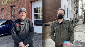 (left) Bob Caprara, owner of Caprara’s Auto Body Shop in Troy, New York (right) Author Dennis Mahoney spoke outside his home in Troy