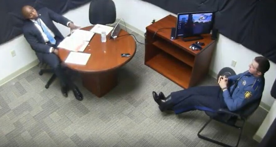 State Police Lt. Marcus Daniels interrogates now former State Trooper Christian Walker Morphis.