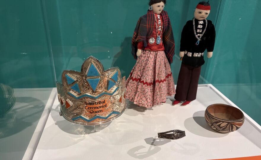 Inter-tribal Ceremonial Queen Crown featured in exhibit "Route 66 is Indian Country" at Museum of Indian Arts and Culture.