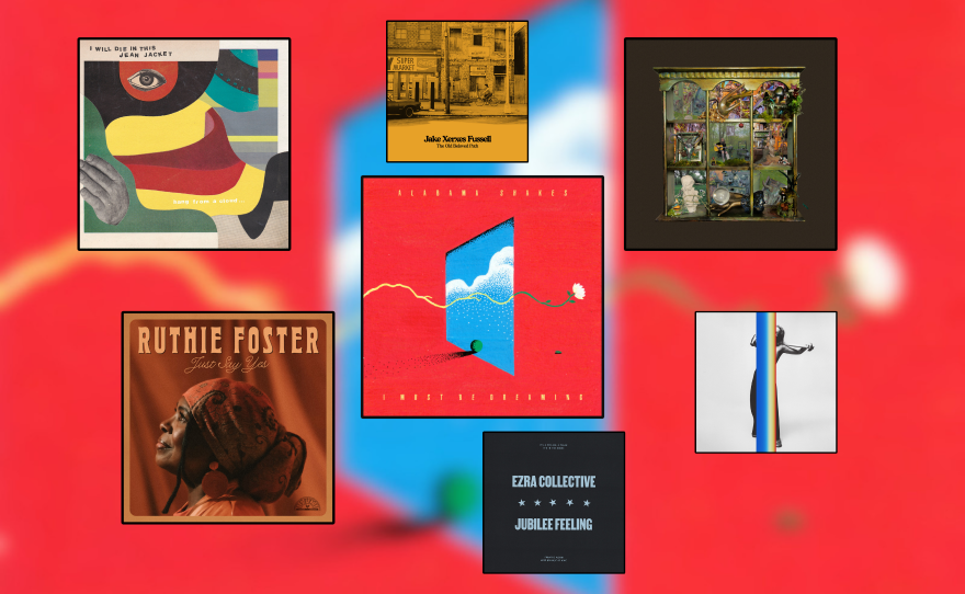 Artwork for music releases displayed in black squares frames over a blurry red and blue background.