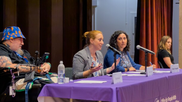 OPWDD Commissioner Willow Baer responds to a question at an agency forum at Buffalo's Central Library on July 15, 2026 in downtown Buffalo, N.Y.