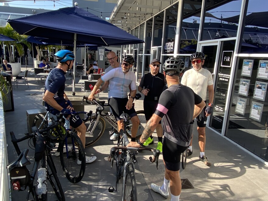 Miami investor and entrepreneur Demian Bellumio (third from right) in Key Biscayne with fellow tech — and cycling — enthusiasts from his Miami Tech Life WhatsApp group.