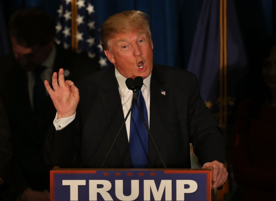 Republican presidential candidate Donald Trump declares victory in the 2016 New Hampshire Republican primary at his election night watch party in Manchester in February 2016.