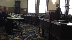 U of R president speaking before Senate Majority Coalition in Legislative Chambers at the Monroe County Office Building