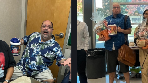 Madera Community College communications director Cory Burkarth, right, is believed to have dressed as professor Todd Kandarian, left, during a Halloween party at Madera Community College on Oct. 31.