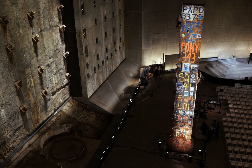 The last steel column removed from the ruins of the World Trade Center and the Slurry Wall at the National September 11 Memorial and Museum in New York City.