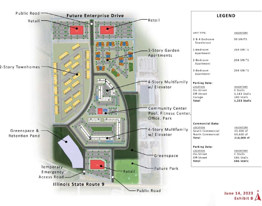 A concept plan for the Bloomington 77 Development, as provided to the City of Bloomington by the developer.