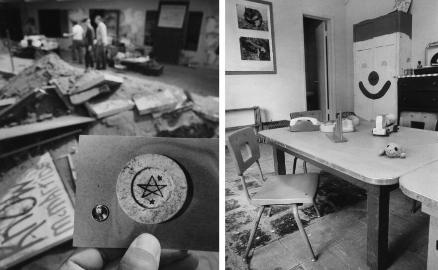Left: May 27, 1990 — Plate bears a pentagram found at the McMartin Pre-School. Parents said it could be part of a Satanic ritual. Right: April 19, 1989 --Room B at the McMartin Pre-School in Manhattan Beach, Calif.