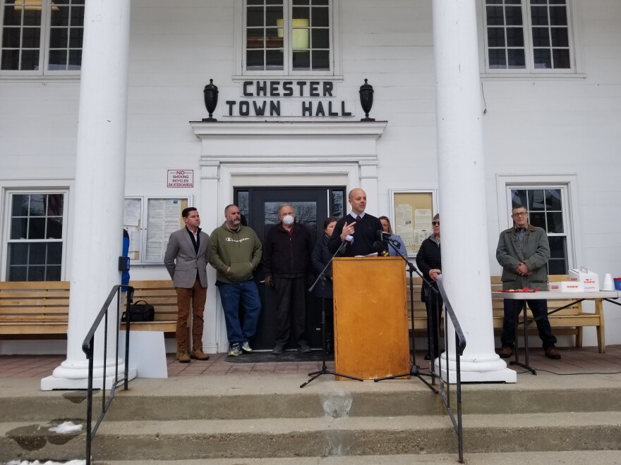 The press conference on the steps of Chester, MA town hall.