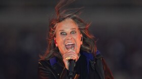 Singer Ozzy Osbourne performs during halftime of an NFL football game between the Los Angeles Rams and the Buffalo Bills in Inglewood, Calif., on Sept. 8, 2022. 