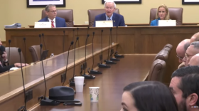 Arkansas Secretary of State John Thurston, Gov. Asa Hutchinson and Attorney General Leslie Rutledge preside over a meeting of the state Board of Apportionment.