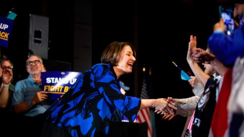 Sen. Amy Klobuchar greets supporters before speaking at the launch rally for Gov. Tim WalzÕs third gubernatorial campaign at The Depot in Minneapolis on Sept. 19, 2025.