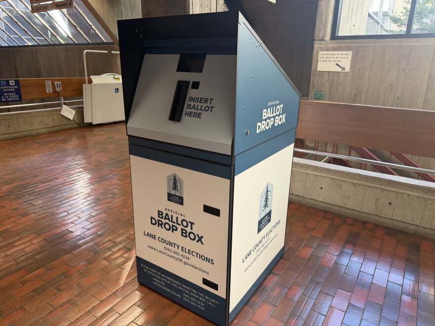 The new smart ballot drop box is located on the ground floor of the Lane County Public Service Building, Oct. 12, 2026.