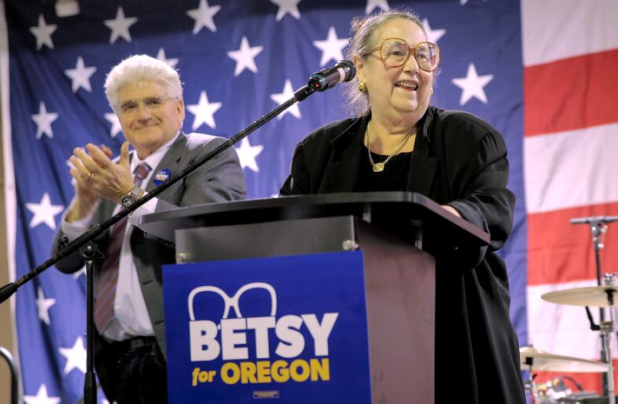 FILE - Betsy Johnson pictured at her 2022 election night party in St. Helens, Ore.