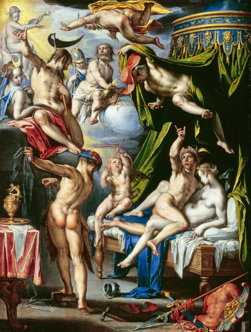 In his 1601 <em>Mars and Venus Surprised by Vulcan, </em>Wtewael shows Mercury raising the bed curtain to let the other gods see the couple. Here, Cupid raises an arrow at Mercury as Saturn, Diana, Jupiter, Minerva and Truth look on.