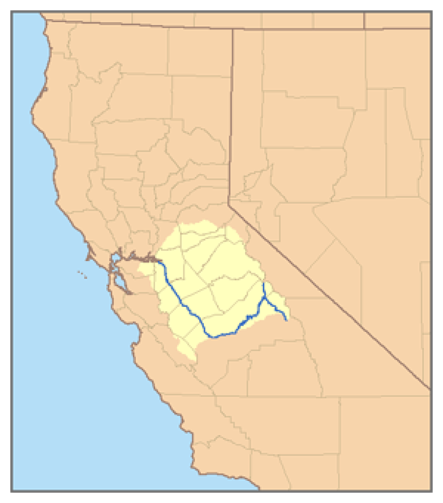 Map of the San Joaquin River course detailing the watershed in San Joaquin Valley, California.