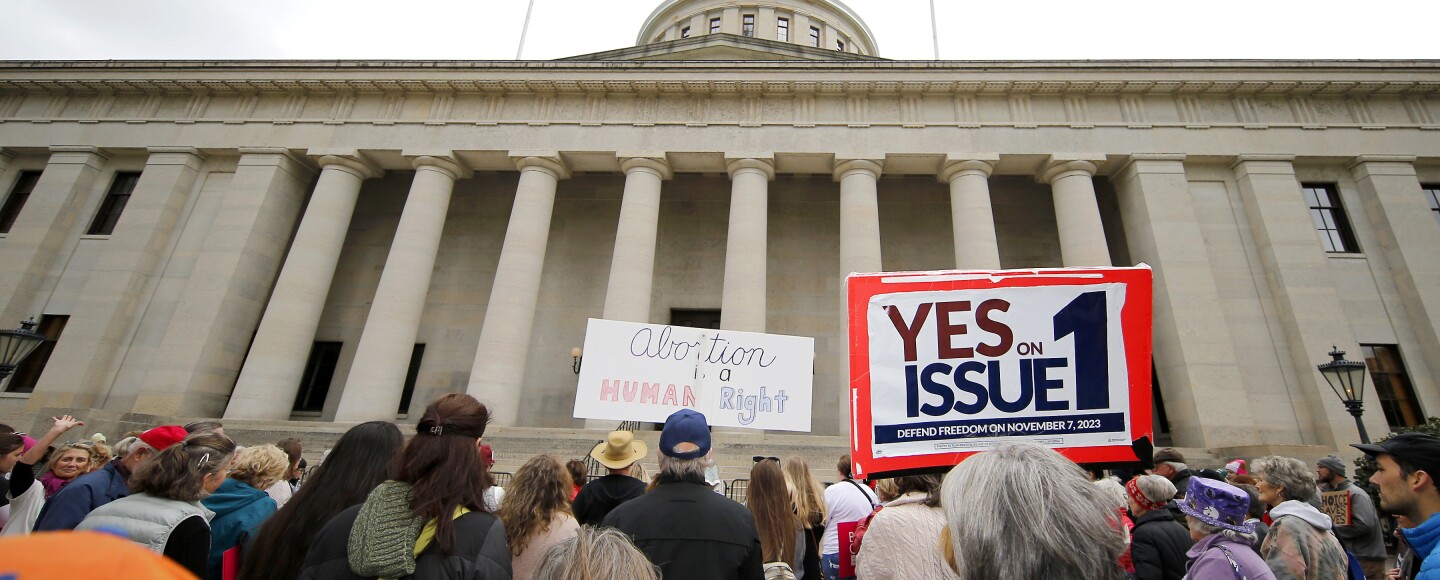 Supporters of Issue 1 attend a rally for the Right to Reproductive Freedom amendment held by Ohioans United for Reproductive Rights at the Ohio State House in Columbus, Ohio, Oct. 8, 2023.