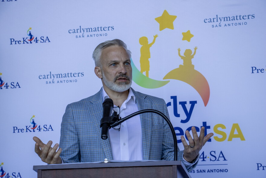 Mark Larson, executive director of Early Matters San Antonio, speaks about the impact the new EarlyConnectSA tool will have in the community during a media event on Tuesday, Oct. 20, 2026.
