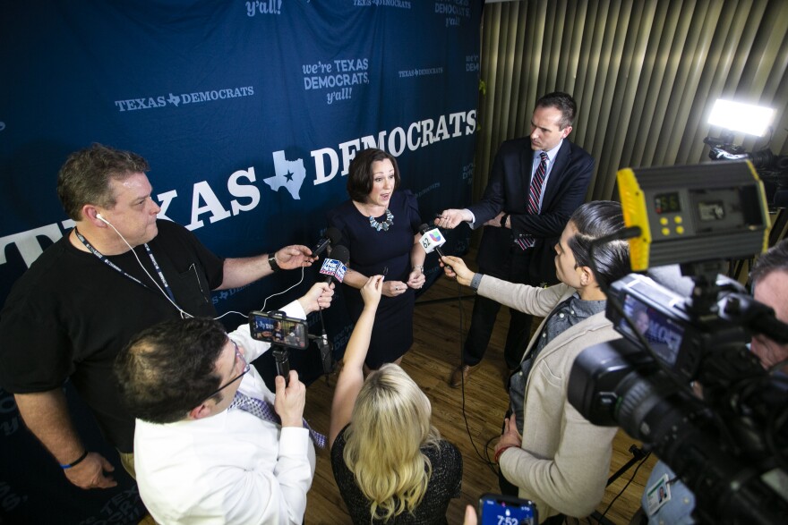 M.J. Hegar, candidate for U.S. Senate, speaks at Democratic Party Headquarters in Austin on election night.