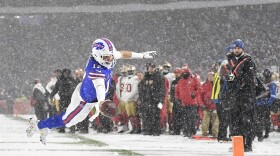 Buffalo Bills quarterback Josh Allen (17) dives for the end zone to score against the San Francisco 49ers during the second half of an NFL football game in Orchard Park, N.Y., Sunday, Dec. 1, 2024. (AP Photo/Adrian Kraus)