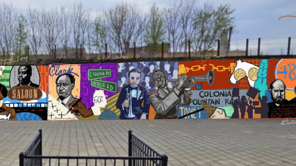 A rendering of Cbabi Bayoc's planned mural on the north-facing train bridge next to MLK Park, 501 N. Brady st., Davenport