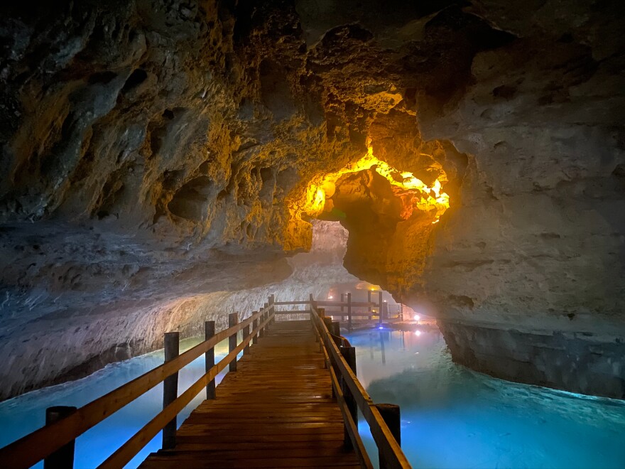 Stark Caverns is one of many caves in Missouri that's open to the public. On your visit, you can expect to cross long stretches of boardwalk, like the one shown above.