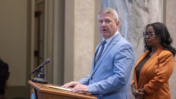 Senate Minority Leader Doug Beck, a Democrat from Affton, speaks about the use of state revenue for private school vouchers during a press conference April 23, 2026 (Annelise Hanshaw/Missouri Independent).