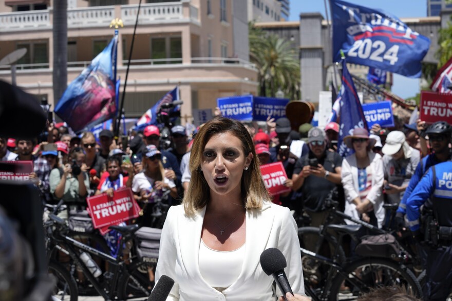 Alina Habba, lawyer for former President Donald Trump, speaks outside the Wilkie D. Ferguson Jr. U.S. Courthouse, Tuesday, June 13, 2023, in Miami. Trump is making a federal court appearance on dozens of felony charges accusing him of illegally hoarding classified documents and thwarting the Justice Department's efforts to get the records back.