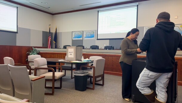 Unalaska City Clerk Estkarlen Magdaong and City Council member Anthony Longo canvass absentee and questioned ballots on Oct. 10, 2025.