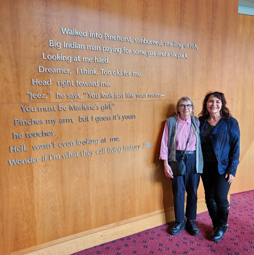 Anne Kingsbury (left) and Kimberly Blaeser pose for photo at the Wisconsin Center's literary art installation.