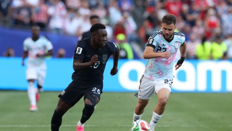 United States' Folarin Balogun (20) controls the ball against Belgium's Nicolas Raskin (23) during the World Cup round of 16 soccer match between the United States and Belgium in Seattle, Monday, July 6, 2026.