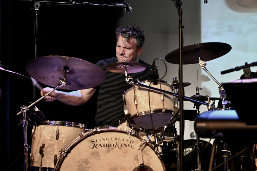 Russ Tomlinson sits at the drums at xBk in Des Moines.