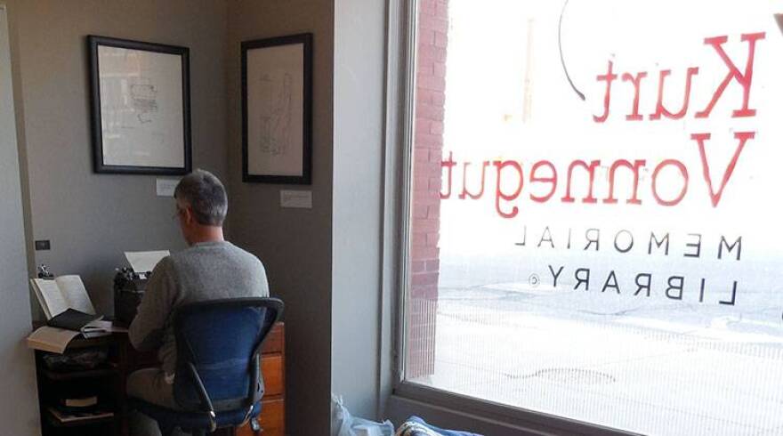Tim Youd has been living in the front window of the Kurt Vonnegut Memorial Library as part of annual Banned Books Week celebration.