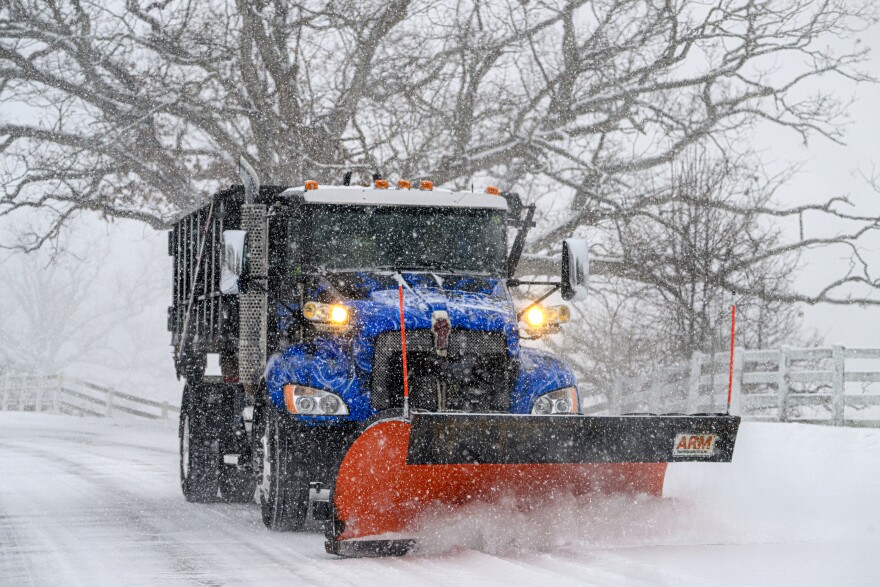 Snow removal equipment clears roads in Storrs early Sunday January 25, 2026 as snow accumulations of up to 20 inches are expected in parts of Connecticut through Monday. The snow is expected to fall rapidly, with over two inches falling each hour Sunday afternoon and evening.