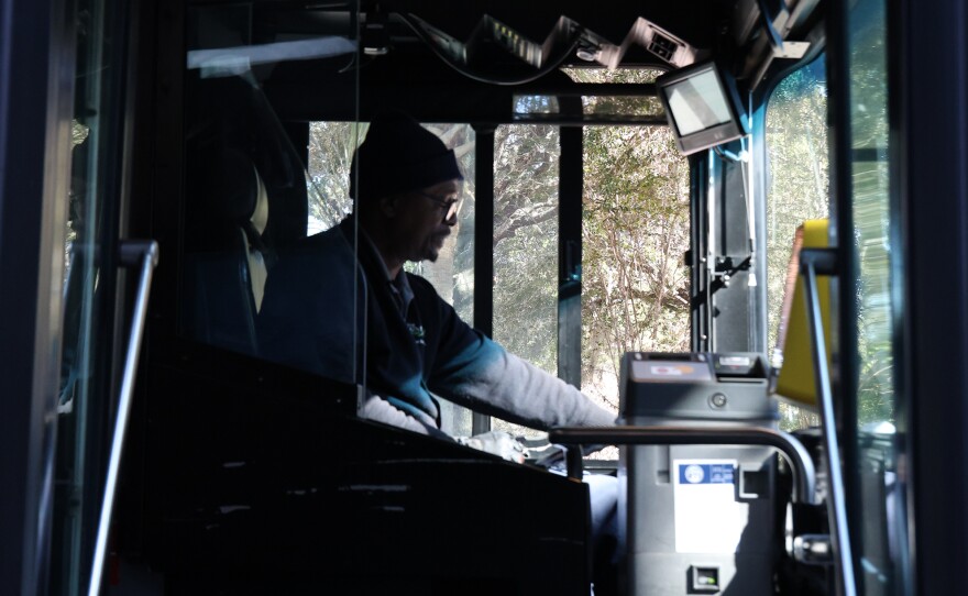 RTS Bus Driver Edward Hines waits for passengers to board bus 76 in Gainesville, Fla. on Thursday, Nov. 13, 2025.