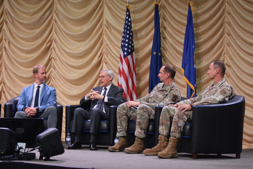 Alaska Defense Forum participants discuss community needs across Alaska and their connections to military readiness. From left to right: Fairbanks North Star Borough Mayor Grier Hopkins, Deputy Assistant Secretary of the Air Force Robert Moriarty, Eielson Air Force Base Commander Col. Matthew Johnston, and Joint Base Elmendorf-Richardson Commander Col. David Werner.