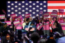 Democratic U.S. Senate candidate Angie Nixon and Vermont U.S. Senator Bernie Sanders embrace during their campaign rally together hosted at Tallahassee's the Moon event venue on Oct. 18, 2026.