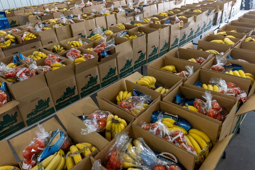Rows of cardboard boxes filled with bananas and other packaged foods.