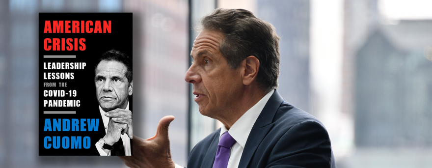 Former Gov. Andrew Cuomo and the cover of his book