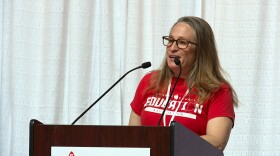 Jenny Noble-Kuchera, president of the Monroe County Education Association, spoke to the crowd at the Statehouse during the Indiana State Teachers Association's Day of Action on April 14.